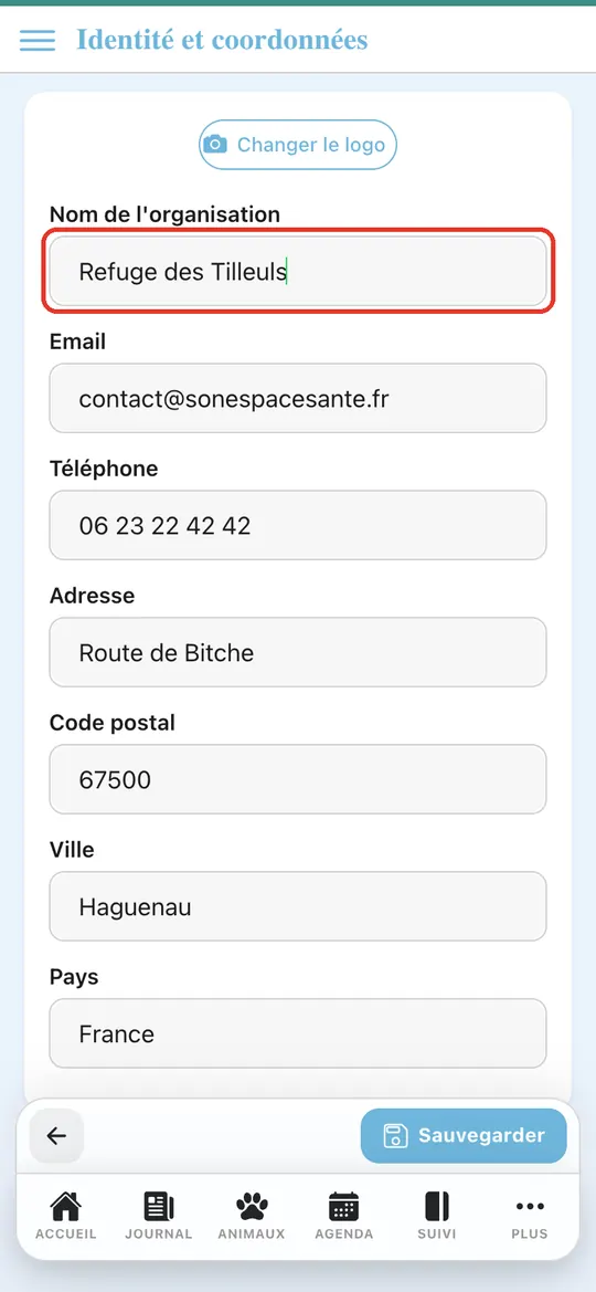 Capture de l'application : Saisie de « Refuge des Tilleuls » dans le champ du nom