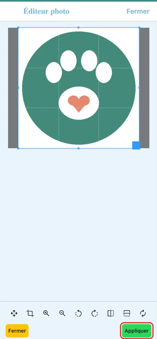 Capture de l'application : Éditeur photo : cadre carré sur le logo, bouton « Appliquer » en bas à droite