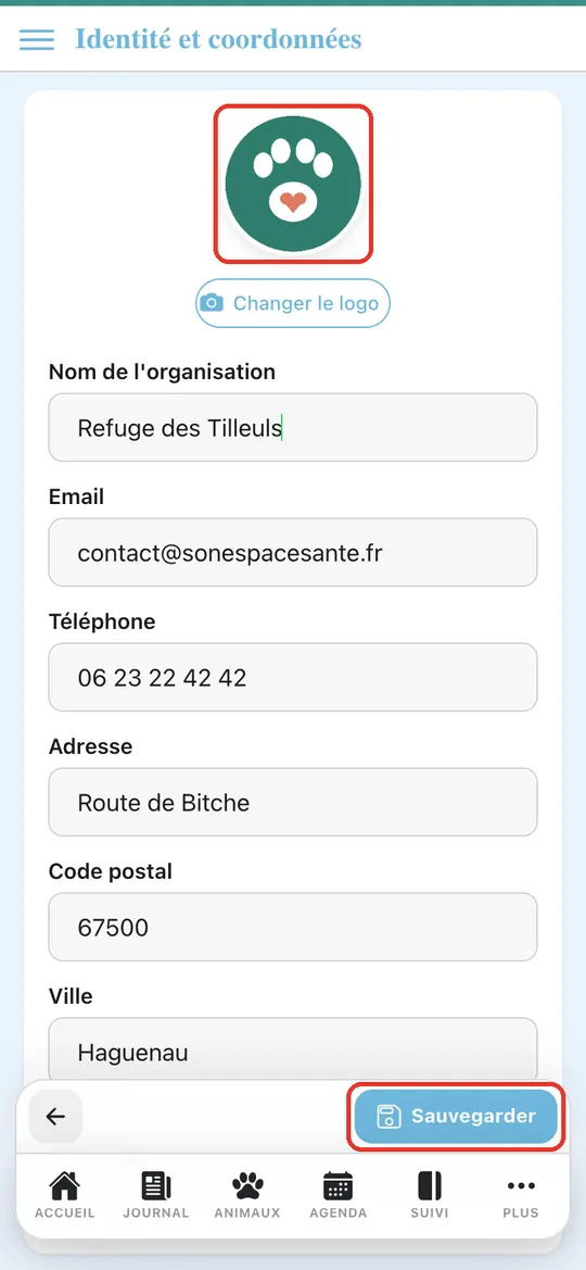 Capture de l'application : Logo rond en haut du formulaire. Appui sur « Sauvegarder » dans la barre d'actions