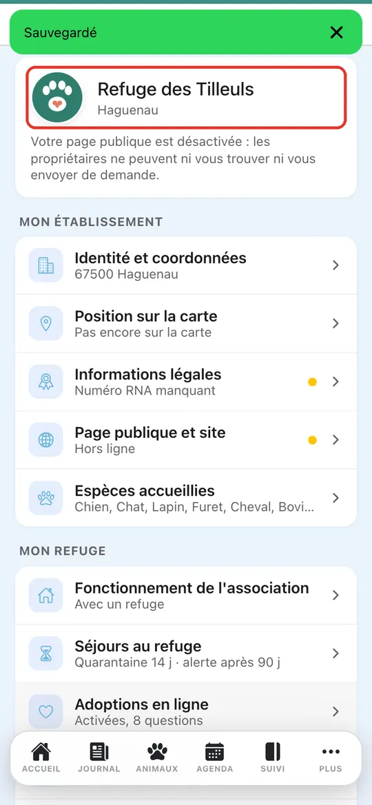 Capture de l'application : Message « Sauvegardé », en-tête « Refuge des Tilleuls » avec le logo