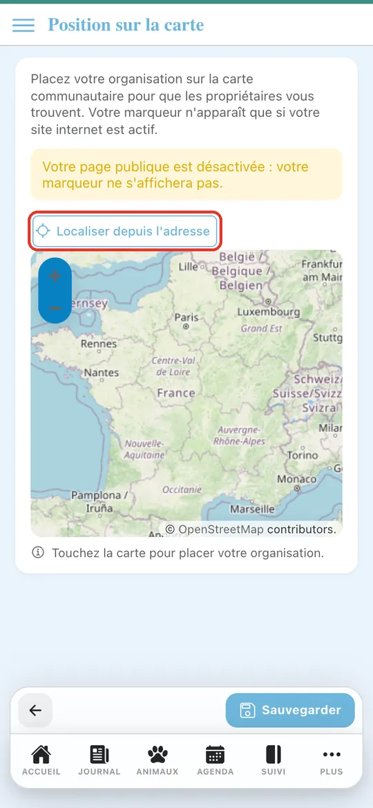 Capture de l'application : Carte de France, rappel « page publique désactivée ». Appui sur « Localiser depuis l'adresse »