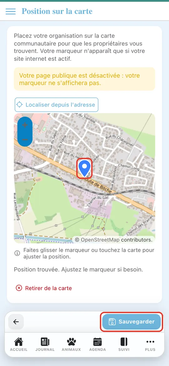 Capture de l'application : Zoom sur Haguenau, marqueur posé, message « Position trouvée »