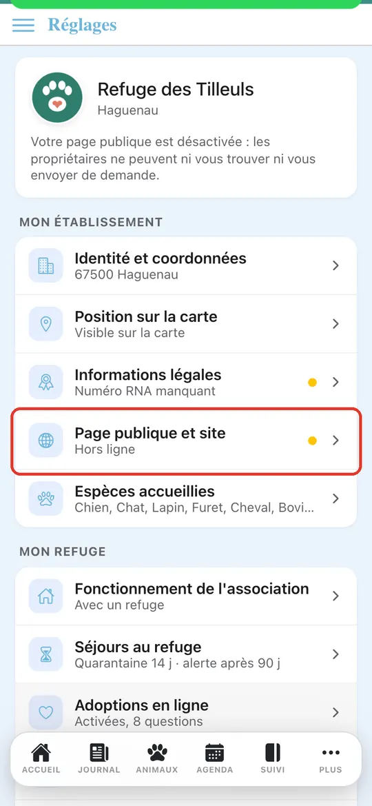 Capture de l'application : Réglages : « Position sur la carte — Visible sur la carte » ; « Page publique et site — Hors ligne » encadré