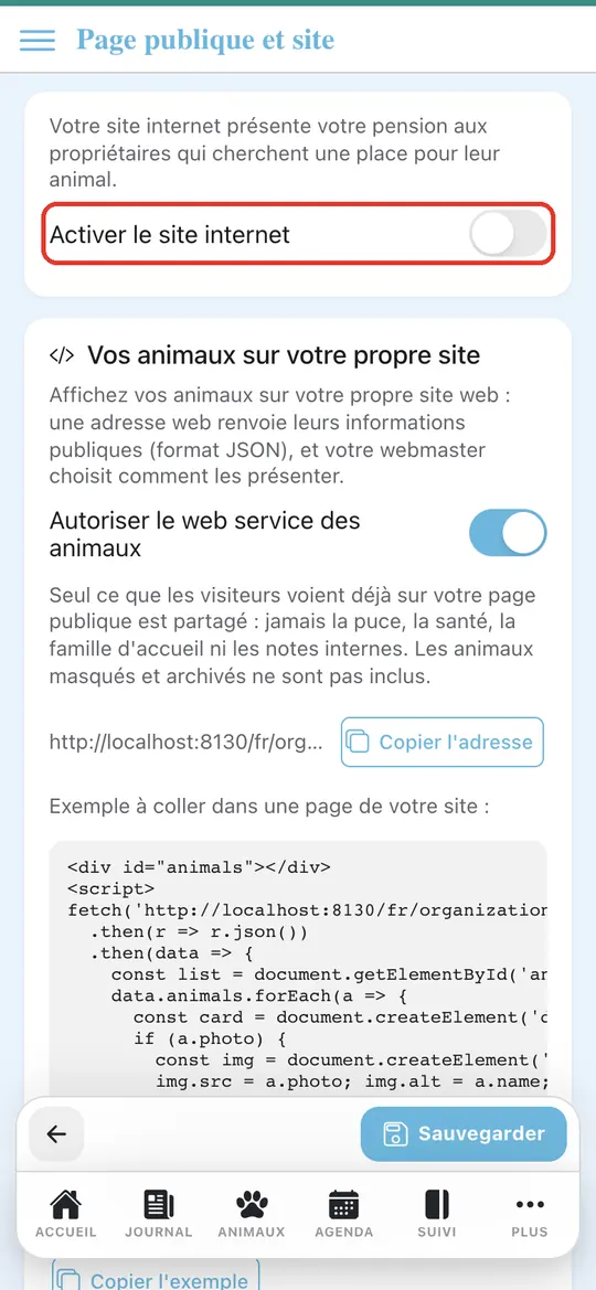 Capture de l'application : Interrupteur « Activer le site internet » sur arrêt