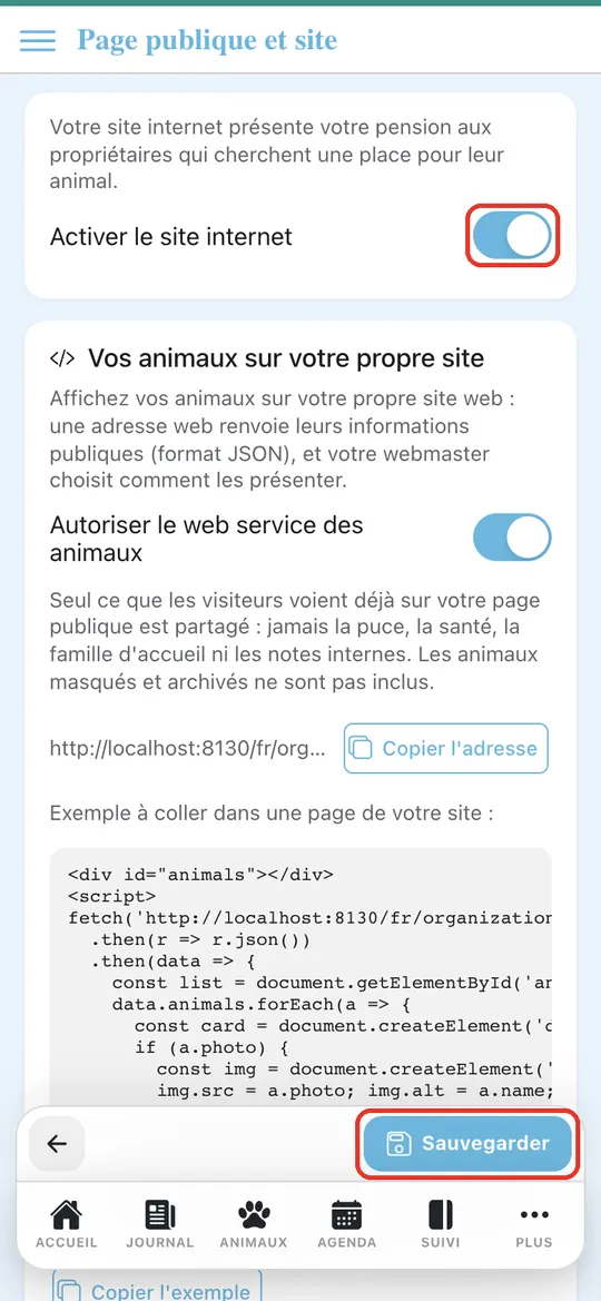 Capture de l'application : Interrupteur passé au vert. Appui sur « Sauvegarder »