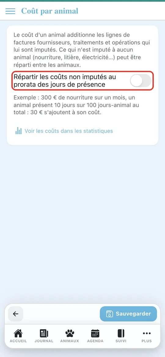 Capture de l'application : Page Coût par animal, interrupteur de répartition sur arrêt