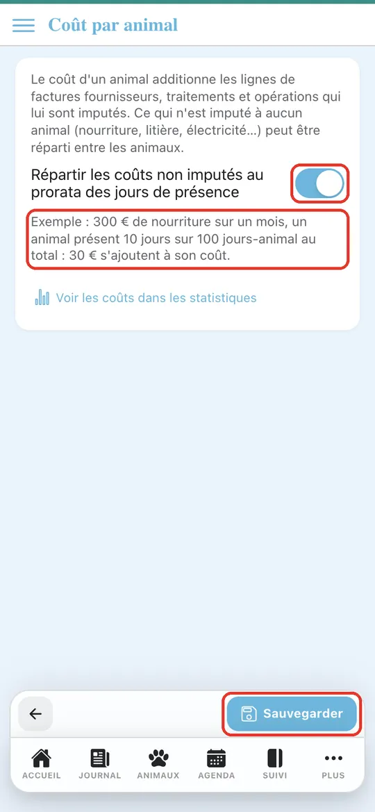 Capture de l'application : Interrupteur passé au vert, exemple de calcul encadré. Appui sur « Sauvegarder »