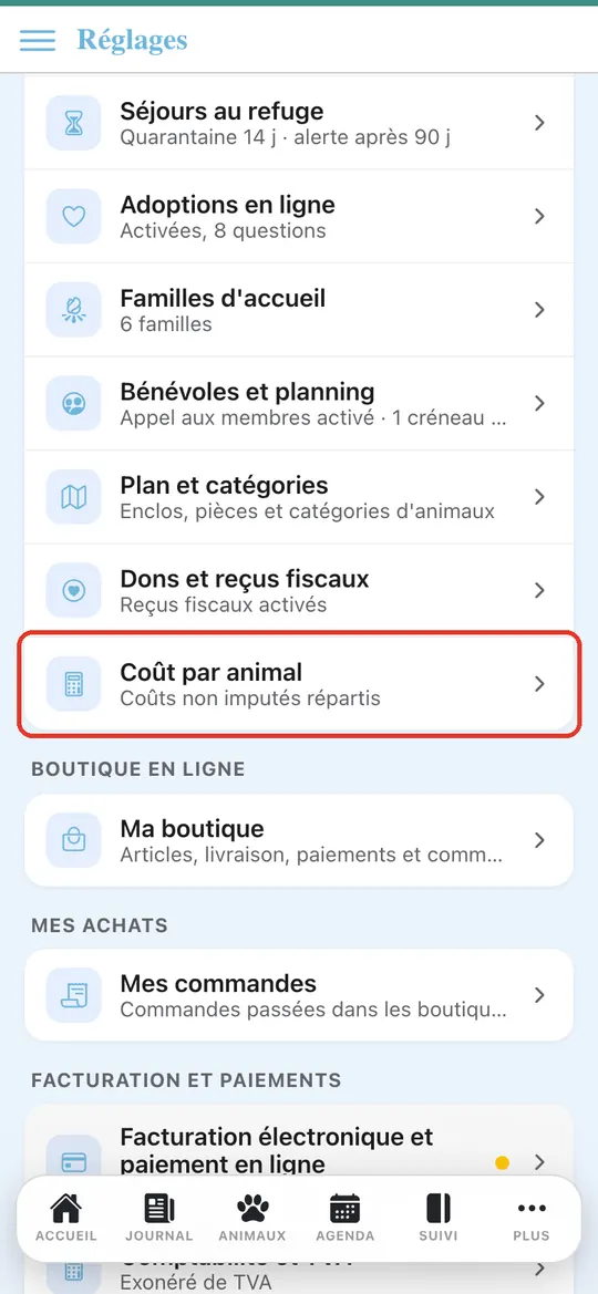 Capture de l'application : Réglages : « Coût par animal — Coûts non imputés répartis »