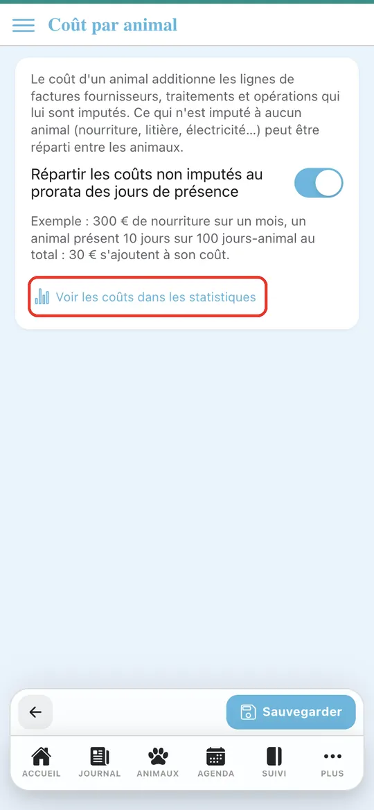 Capture de l'application : Page Coût par animal, appui sur le lien vers les statistiques