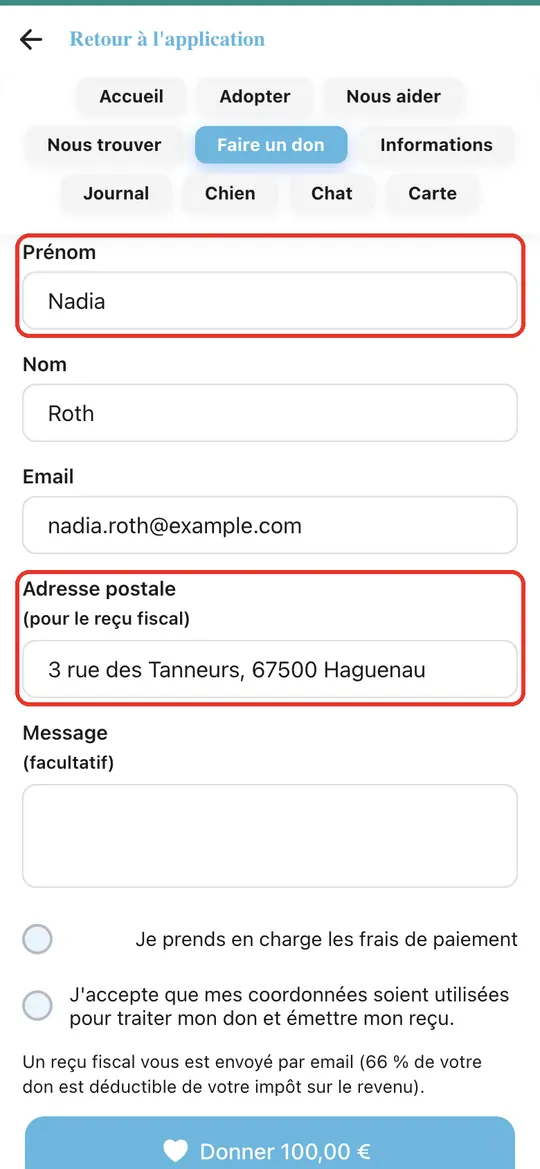 Capture de l'application : Champs remplis : Nadia Roth, email, adresse