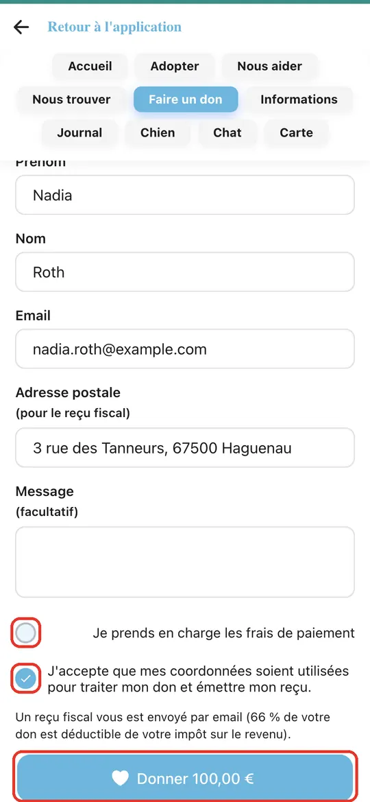 Capture de l'application : Cases frais et consentement, bouton « Donner 100,00 € »