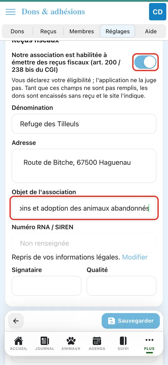 Capture de l'application : Interrupteur « Notre association est habilitée à émettre des reçus fiscaux » au vert, saisie de l'objet