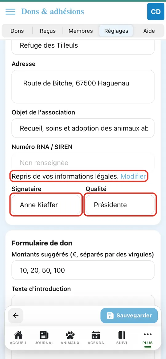 Capture de l'application : Champ « Numéro RNA / SIREN » et son lien « Modifier » ; saisie de la signataire et de sa qualité