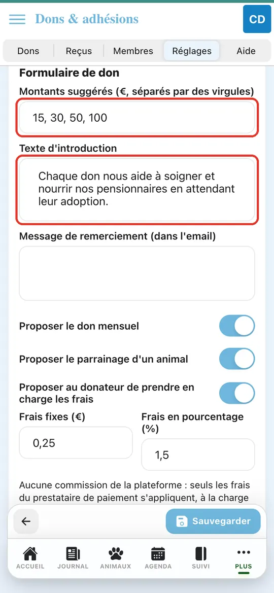 Capture de l'application : Formulaire de don : montants « 15, 30, 50, 100 », texte d'introduction