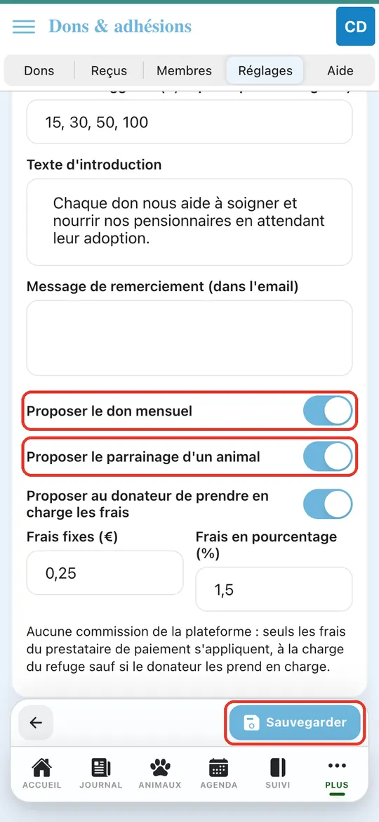 Capture de l'application : Interrupteurs « Proposer le don mensuel » et « Proposer le parrainage d'un animal ». Appui sur « Sauvegarder »