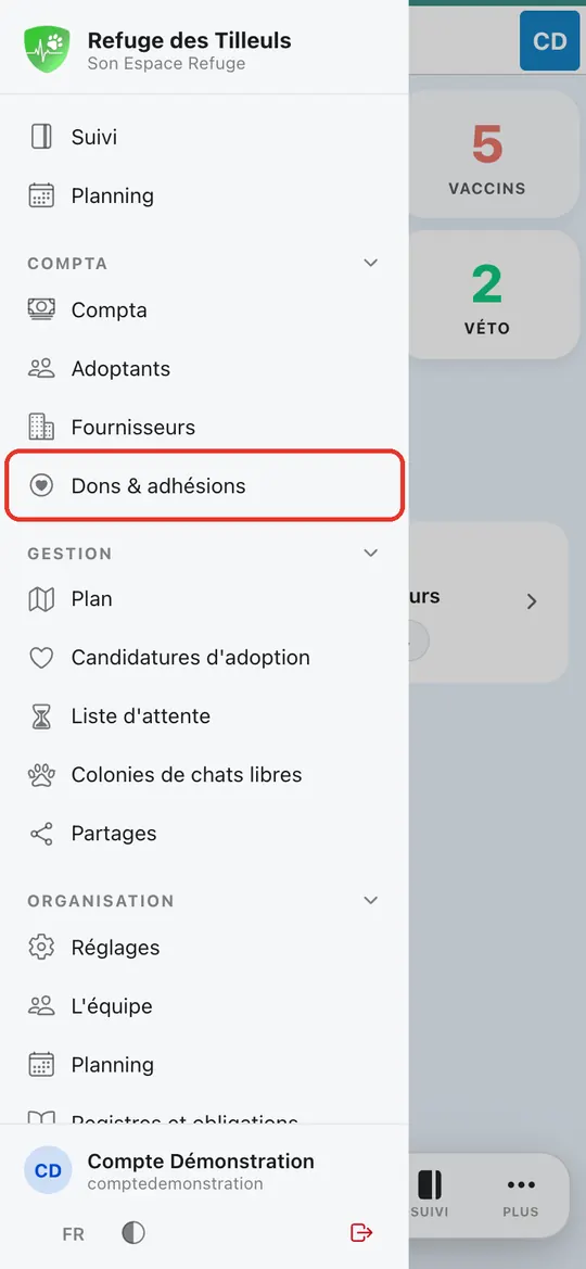 Capture de l'application : Menu latéral, rubrique Compta