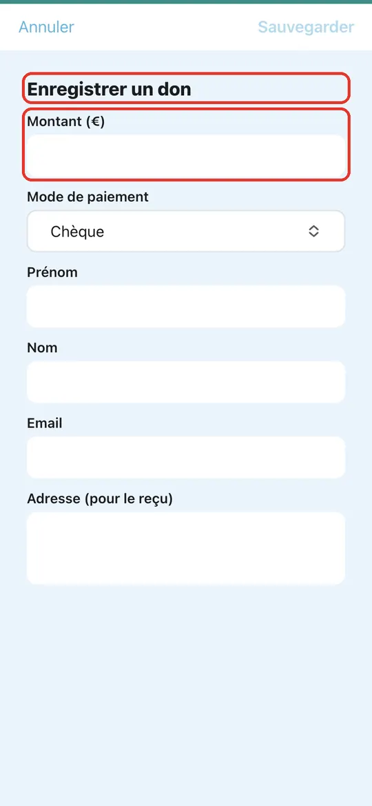 Capture de l'application : Formulaire en plein écran : Annuler à gauche, Sauvegarder à droite, champs vides