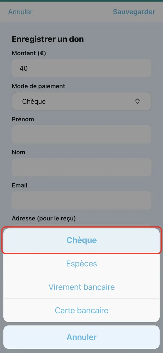Capture de l'application : Liste ouverte depuis le bas : Chèque, Espèces, Virement bancaire, Carte bancaire