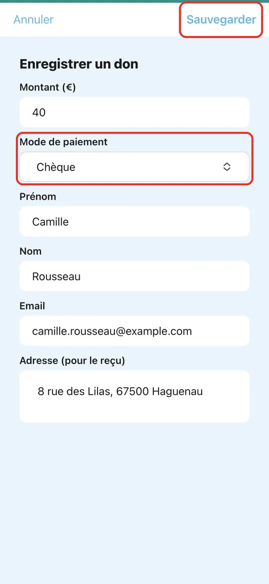 Capture de l'application : Champs remplis : 40, Chèque, Camille Rousseau, email, adresse
