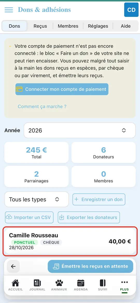 Capture de l'application : Ligne Camille Rousseau, Ponctuel, Chèque