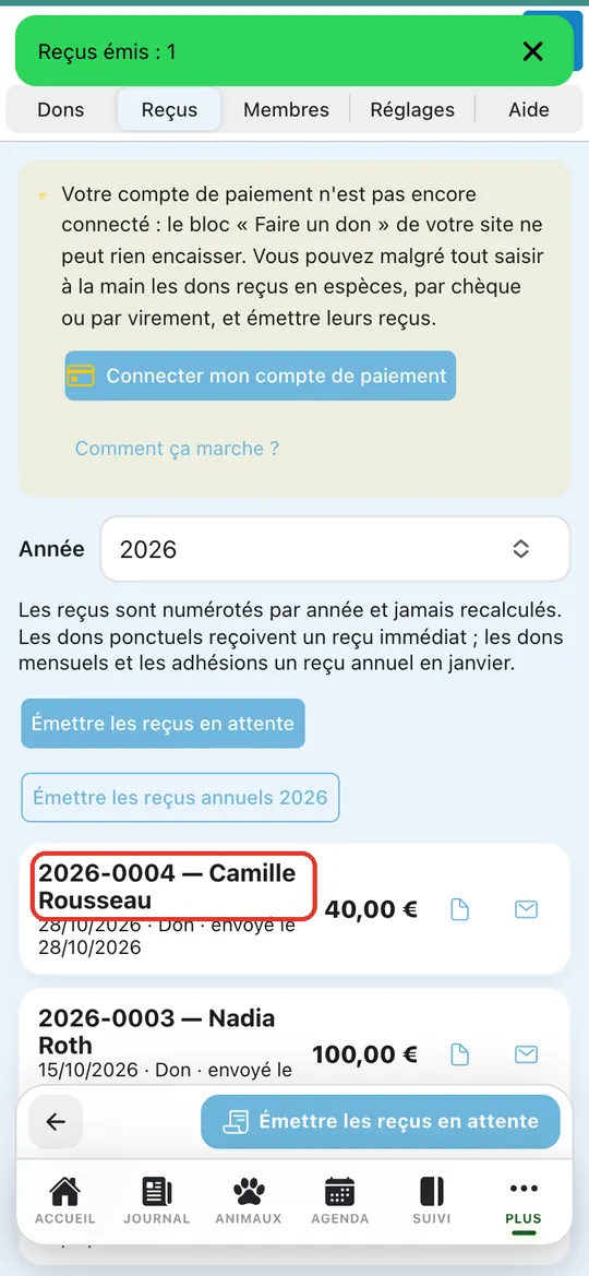 Capture de l'application : Ligne « 2026-0004 — Camille Rousseau · Don · envoyé le 28/10/2026 », 40,00 €