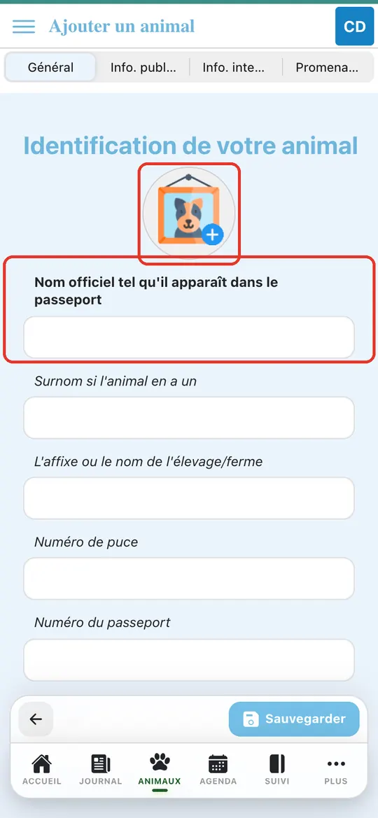 Capture de l'application : Formulaire vide : rond photo, nom officiel