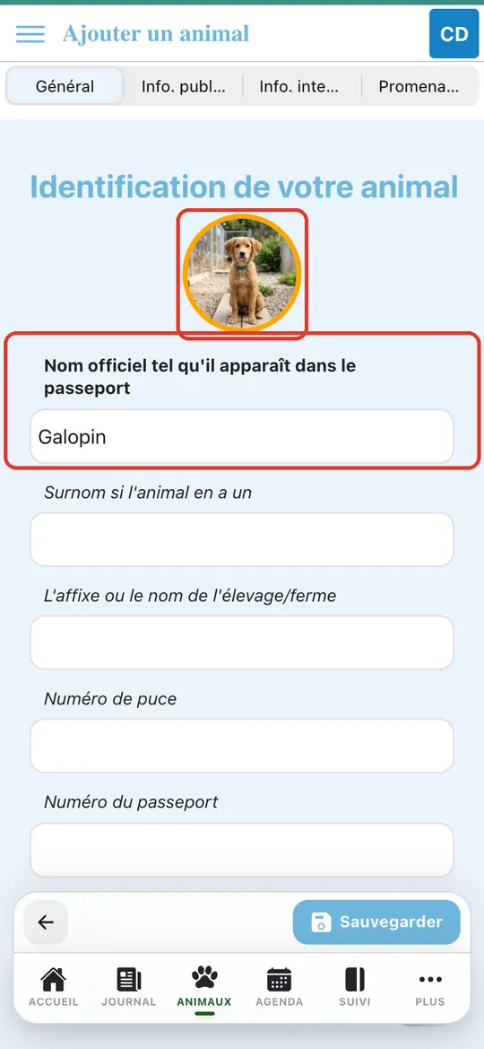 Capture de l'application : Photo de Galopin, nom « Galopin » (sexe Mâle choisi plus bas)