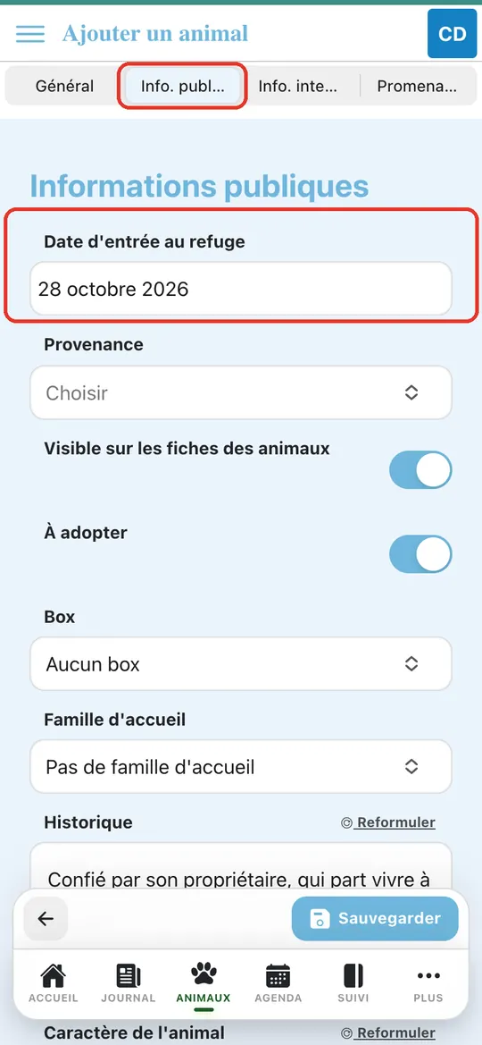 Capture de l'application : Onglet Info. publiques : date d'entrée au refuge