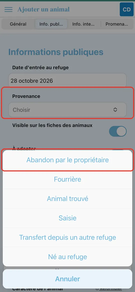 Capture de l'application : Liste Provenance ouverte par le bas : abandon, fourrière, animal trouvé, saisie, transfert, né au refuge