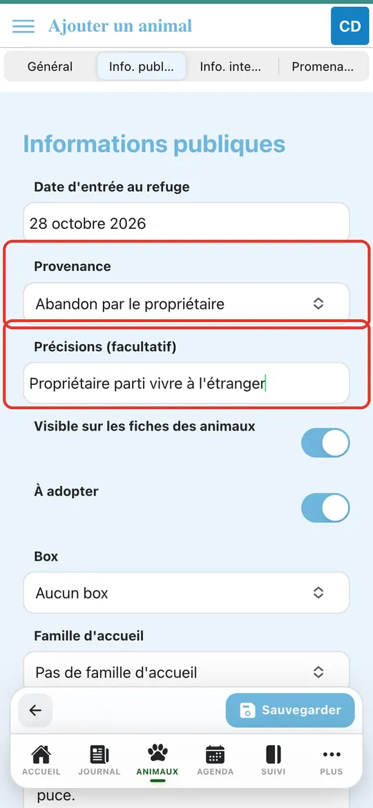 Capture de l'application : Provenance « Abandon par le propriétaire », précisions « Propriétaire parti vivre à l'étranger »