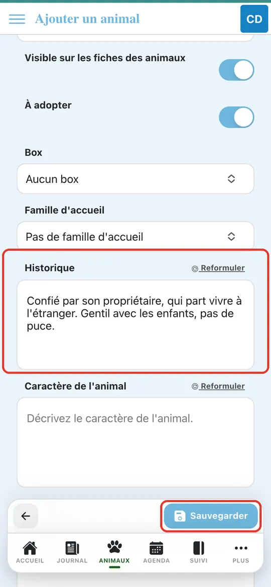 Capture de l'application : Champ Historique « Confié par son propriétaire… », bouton Sauvegarder