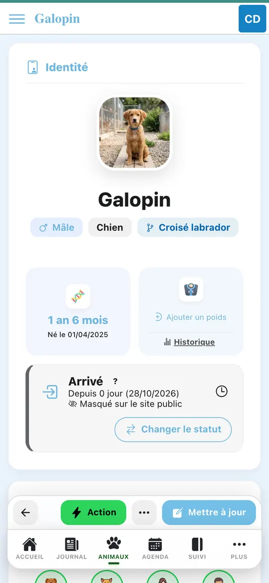 Capture de l'application : Fiche animal : photo, nom, âge (1 an 6 mois)