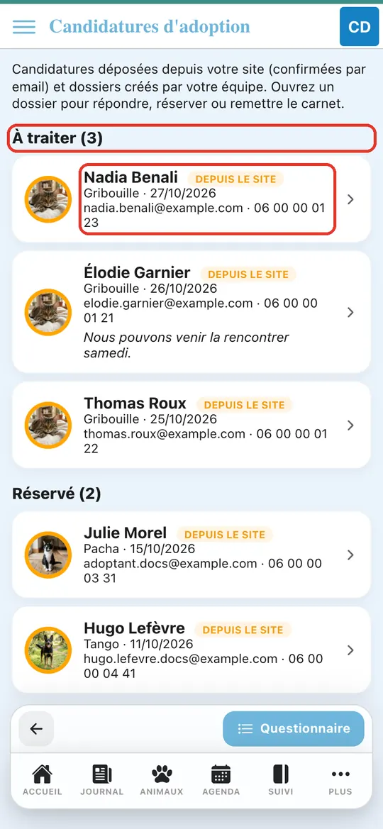 Capture de l'application : Page Candidatures d'adoption, section « À traiter (3) »