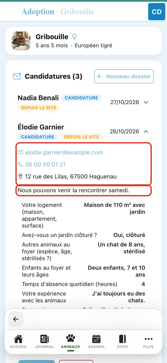 Capture de l'application : Dossier d'Élodie déplié : email, téléphone, adresse, « Nous pouvons venir la rencontrer samedi »