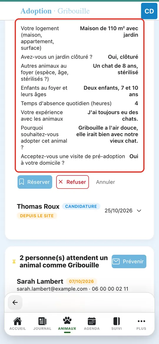 Capture de l'application : Réponses au questionnaire en deux colonnes