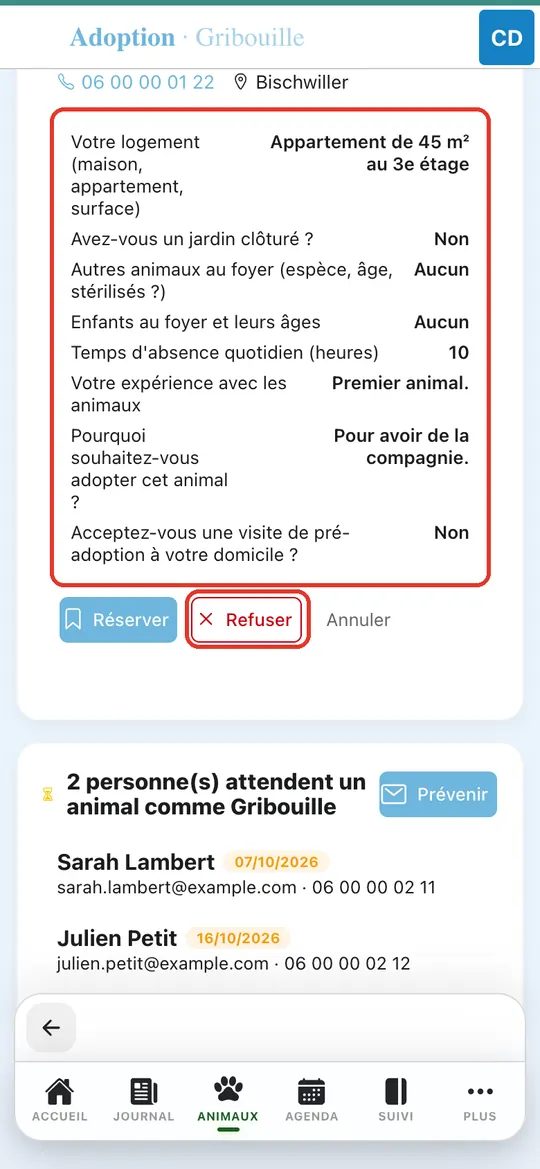 Capture de l'application : Dossier de Thomas : appartement, 10 h d'absence. Appui sur « Refuser »