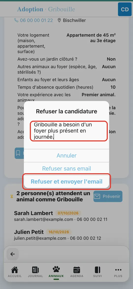 Capture de l'application : Fenêtre « Refuser la candidature », motif saisi