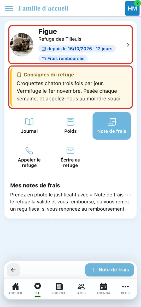 Capture de l'application : Écran « Famille d'accueil » : Figue, Refuge des Tilleuls, depuis 12 jours, consignes