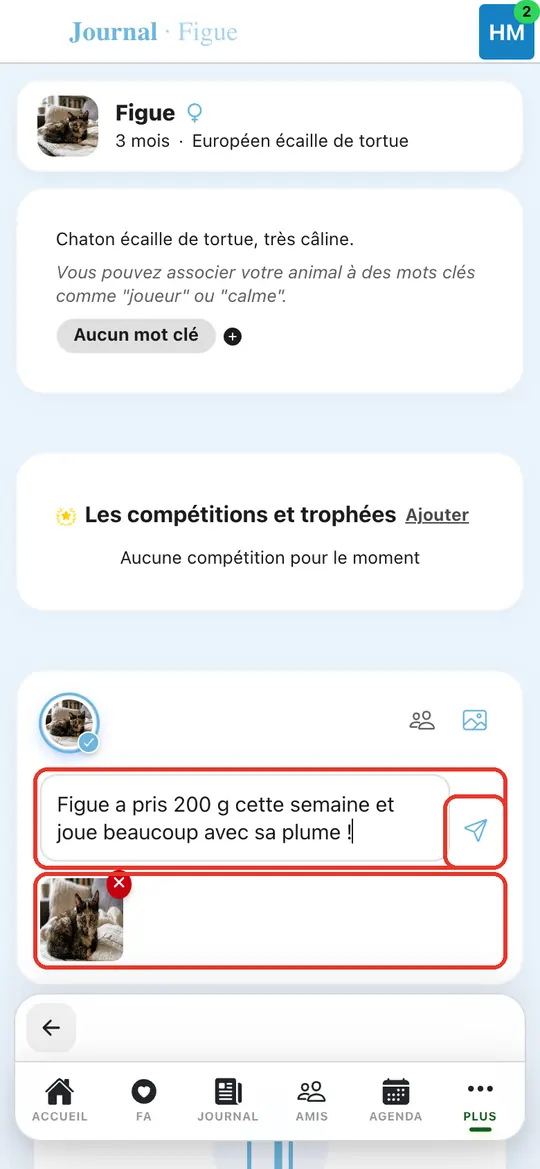 Capture de l'application : Message « Figue a pris 200 g cette semaine… » et photo jointe. Appui sur l'icône d'envoi