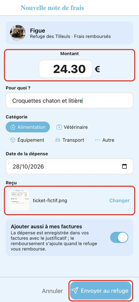Capture de l'application : Formulaire « Nouvelle note de frais » : 24,30 €, croquettes et litière, ticket joint