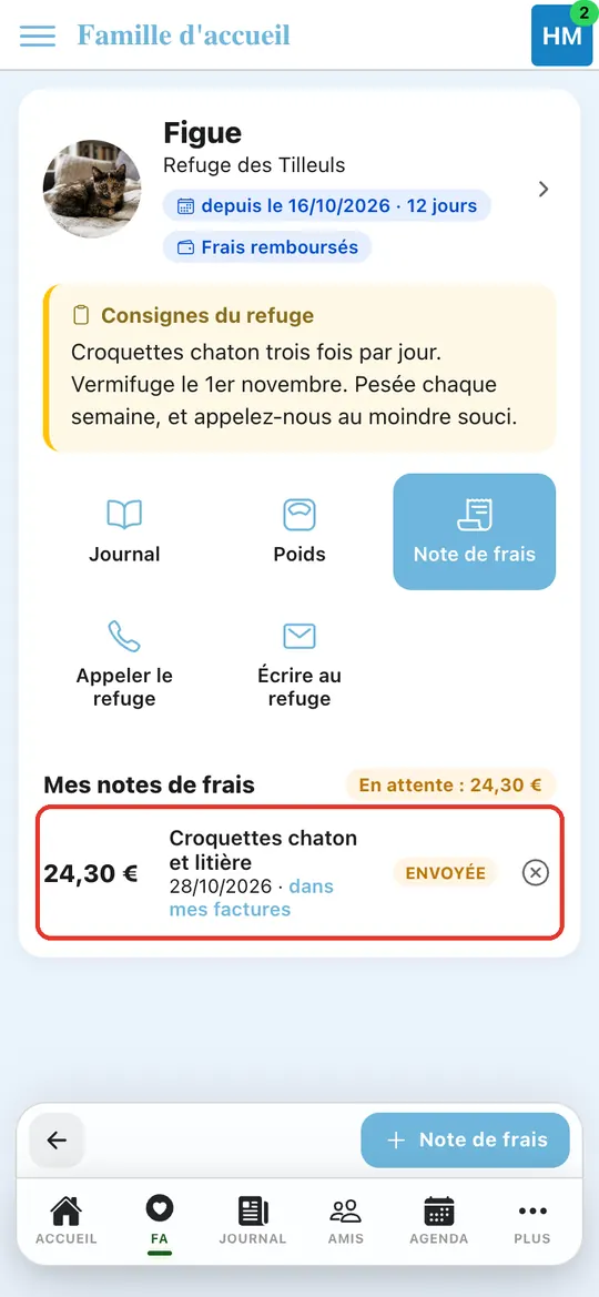 Capture de l'application : Ligne « 24,30 € — Croquettes chaton et litière — envoyée »