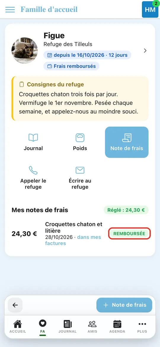 Capture de l'application : Écran « Famille d'accueil » : note de frais au statut « remboursée »