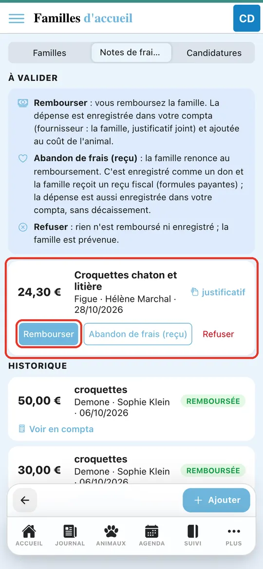 Capture de l'application : Onglet « Notes de frais » : carte 24,30 €, Figue, Hélène Marchal, boutons « Rembourser », « Abandon de frais (reçu) », « Refuser »