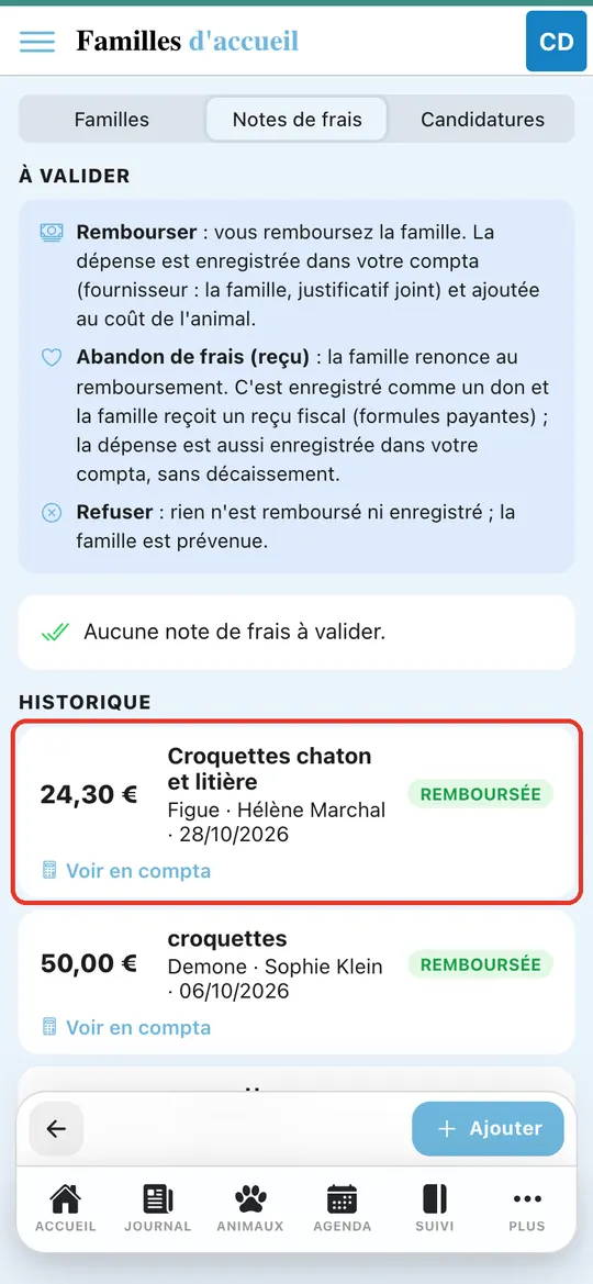 Capture de l'application : Historique : note « Remboursée », lien « Voir en compta »