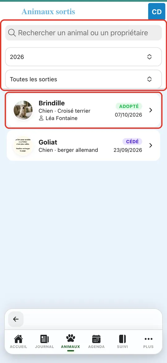 Capture de l'application : Liste 2026 : Brindille, « Adopté », Léa Fontaine