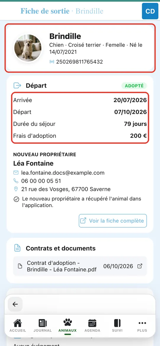 Capture de l'application : Identité, puce ; bloc Départ : arrivée, départ, 79 jours, frais d'adoption