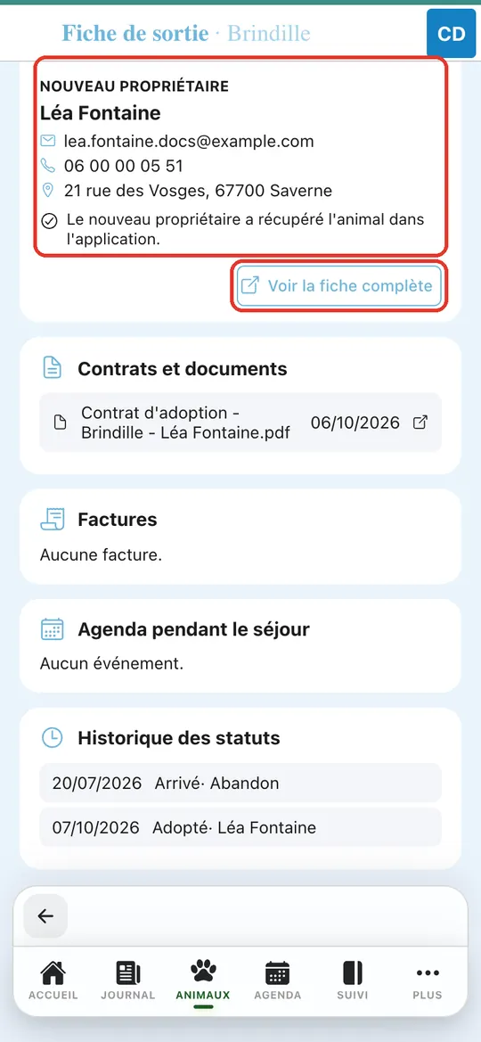 Capture de l'application : Bloc Nouveau propriétaire, mention « a récupéré l'animal dans l'application »