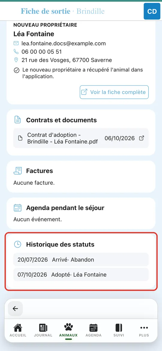 Capture de l'application : Historique des statuts : Arrivé · Abandon, Adopté · Léa Fontaine