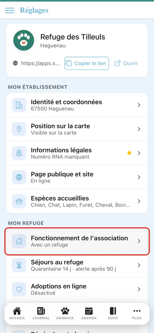 Capture de l'application : Page Réglages : « Fonctionnement de l'association — Avec un refuge »