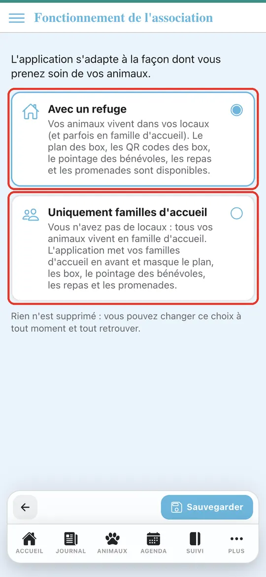 Capture de l'application : Les deux choix, « Avec un refuge » sélectionné